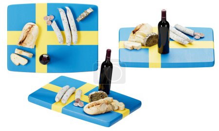 Dieses Bild zeigt eine Reihe schwedischer kulinarischer Spezialitäten fein säuberlich auf einem Schneidebrett angeordnet, das die charakteristischen blauen und gelben Farben der schwedischen Flagge aufweist..