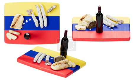 Dégustez une tartinade d'inspiration vénézuélienne, accompagnée de pain salé, de fromage et de saucisse, accompagnée d'une bouteille de vin rouge luxuriante, affichée sur un fond vibrant sur le thème du drapeau