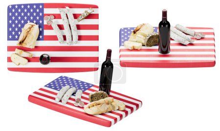 Profitez d'un festin américain classique avec une délicieuse sélection de pain, fromage et saucisse, aux côtés d'une riche bouteille de vin rouge, présentée sur le drapeau patriotique Stars and Stripes