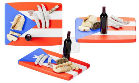An appetizing assortment of bread, cheese, and sausage, accompanied by a full-bodied red wine, artfully placed on a backdrop evoking the Puerto Rican flag