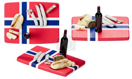 Une belle gamme de pains, fromages et saucisses de style norvégien, servis avec une bouteille de vin rouge, disposés sur une toile de fond qui ressemble au drapeau de la Norvège