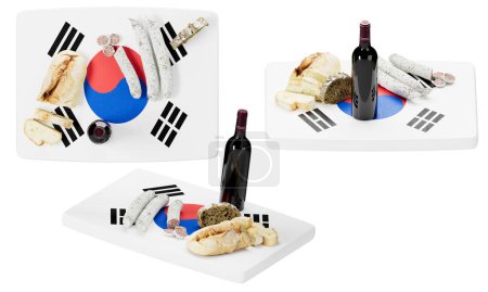 Téléchargez les photos : Savourez un avant-goût de la Corée du Sud avec cette tartinade artistique de pain, fromage et saucisse, complétée par une bouteille de vin rouge sur fond de Taegeukgi - en image libre de droit