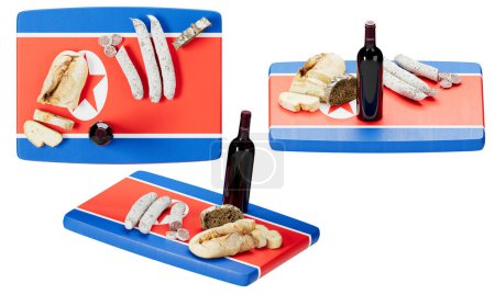 Showcasing a selection of bread, cheese, and sausage with red wine on a backdrop echoing the North Korean flag's colors and emblem