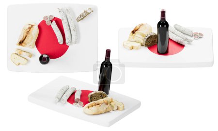 An exquisite selection of gourmet bread, cheese, and sausage, with a fine red wine, artfully displayed on a white surface with a rising sun motif