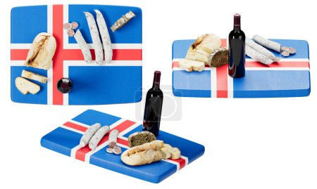 Une sélection soigneusement préparée de pain, fromage et saucisse gastronomiques, accompagnés d'un vin rouge riche, face au bleu vif, blanc et rouge du drapeau islandais