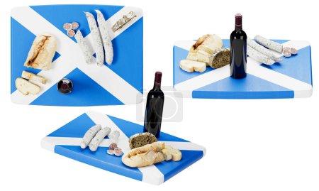 Téléchargez les photos : Un festin écossais vous attend avec un assortiment tentant de pain, fromage et saucisse, complété par un vin rouge fin, le tout sur le drapeau audacieux de Saltire - en image libre de droit