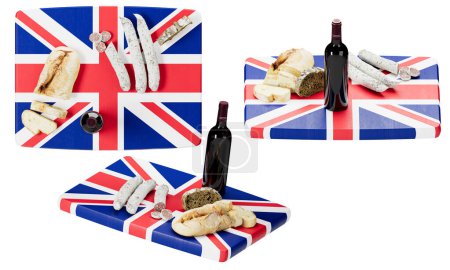Esta composición muestra una suntuosa selección gastronómica de inspiración británica con pan, queso y salchichas, junto con una botella de vino, frente al icónico Union Jack.