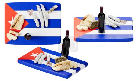 Une installation dynamique inspirée du drapeau cubain avec une sélection de pain, de saucisses, de fromages et une bouteille de vin rouge, capturant l'essence de l'hospitalité cubaine