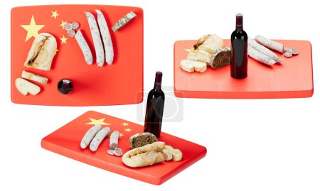 Exquisite selection of bread, sausage, and cheese, accompanied by red wine on a background inspired by the Chinese flag