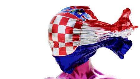 This image captures the essence of Croatia with a mannequin draped in the red, white, and blue flag, adorned with the national coat of arms