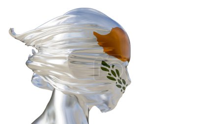 Artistic display of a mannequin head wrapped in a metallic rendition of the Cyprus flag, featuring olive branch details
