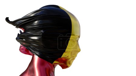 Una elegante cabeza de maniquí adornada con el fluido negro, amarillo y rojo de la bandera de Bélgica, con un telón de fondo oscuro