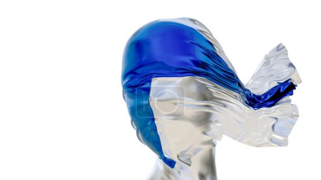 Une image saisissante d'une tête de mannequin encapsulée dans le mouvement fluide des couleurs du drapeau bleu et blanc de Finlande