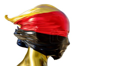 Abstrakte künstlerische Darstellung eines Schaufensterpuppenkopfes, der in die leuchtenden Farben der belgischen Flagge gehüllt ist