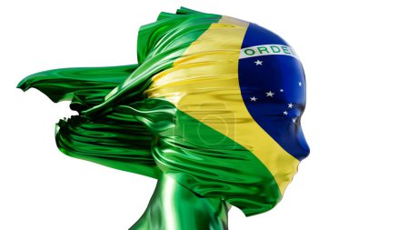 Le drapeau brésilien est pris dans une danse vibrante, ses teintes vertes et dorées, ainsi que le globe bleu et les étoiles blanches, rayonnant contre la nuit