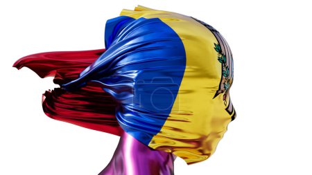 Eine künstlerische Darstellung der moldawischen Flagge mit ihrem charakteristischen Olivenzweig und den leuchtenden roten und blauen Farben vor einer dunklen Leere