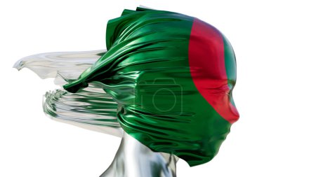 Le drapeau algérien est représenté en mouvement, avec ses couleurs vert vif et blanc, accompagné du croissant rouge et de l'étoile, le tout coulant dans une texture soyeux