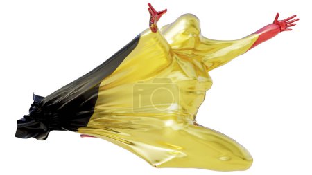 Une silhouette abstraite saute énergiquement, drapée dans le noir, le jaune et le rouge du drapeau belge avec une lueur dorée