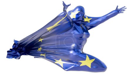 Eine abstrakte Figur ist in die EU-Flagge gehüllt und vermittelt ein Gefühl von Bewegung und europäischer Einheit