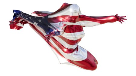 This evocative image showcases an abstract figure wrapped in the iconic red, white, and blue of the United States flag, emanating a sense of motion.
