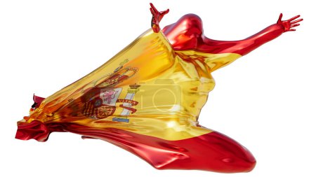 Künstlerische Wiedergabe einer abstrakten Form, die in die lebendigen Farben und das Wappen der spanischen Flagge gehüllt ist und gegen einen schwarzen Raum strahlt.