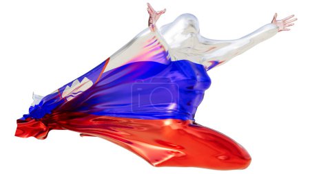 Une figure abstraite frappe une pose dynamique, enveloppée dans le bleu vif, blanc et rouge du drapeau slovène, face à un vide noir