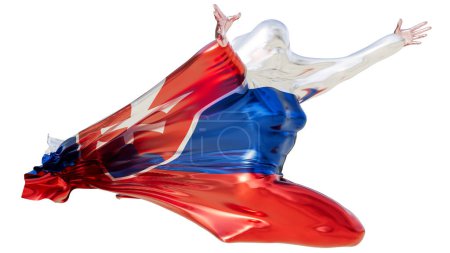 Représentation artistique d'une figure enveloppée par le tissu fluide du drapeau slovaque, aux teintes blanches, bleues et rouges distinctives