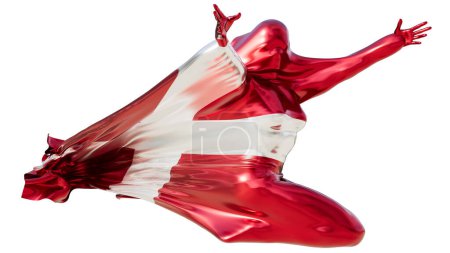 Escultura abstracta envuelta en los colores de la bandera danesa de rojo y blanco, exhibiendo una pose dinámica sobre un fondo negro