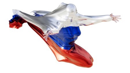 Esta imagen captura una forma abstracta envuelta en la dinámica bandera nacional roja, blanca y azul de Rusia sobre un fondo oscuro