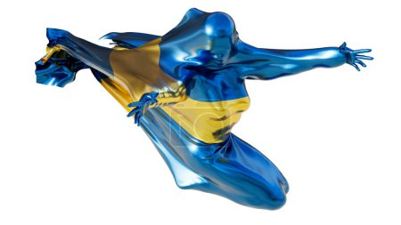 An image of an abstract figure gracefully cloaked in Sweden flag colors, a striking contrast of blue and yellow against the darkness.