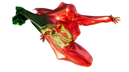 Una imagen de una figura abstracta envuelta dinámicamente en colores de bandera portuguesa de verde y rojo con el emblema nacional