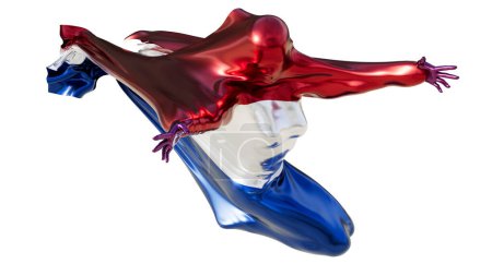 A striking image of an abstract figure enrobed in the fluid colors of the Netherland flag, set against an obsidian backdrop