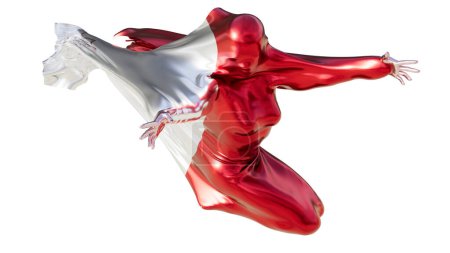 Lebendige Darstellung einer Figur, die im fließenden Rot und Weiß der Flagge Maltas gefangen ist und auf dunklem Hintergrund Energie und Bewegung ausstrahlt.