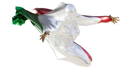 Image of an abstract figure wrapped in the bold colors of the Italian flag, displayed with a sense of fluidity and grace