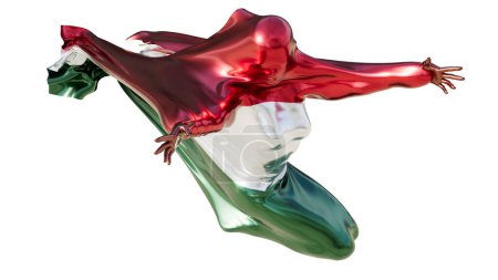 Una imagen evocadora con una figura abstracta envuelta en los colores arremolinados de la bandera nacional de Hungría, sobre un fondo oscuro