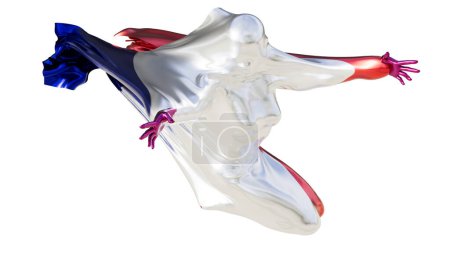 Dynamic representation of a figure shrouded in the blue, white, and red of the French national flag against a black backdrop