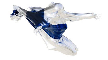 An artistic rendition of a figure enshrouded by the distinctive blue cross on white background of the Finnish flag, full of movement