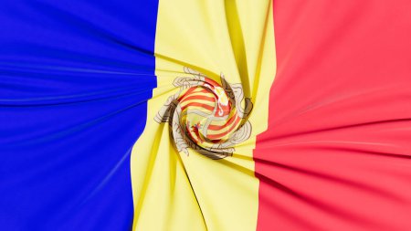 Brightly colored Andorran flag featuring its distinctive coat of arms, elegantly rippling with a sense of national pride.