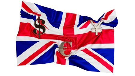 Téléchargez les photos : Le drapeau britannique se mélange avec des symboles monétaires, représentant l'impact de longue date de la Grande-Bretagne sur les marchés financiers mondiaux - en image libre de droit