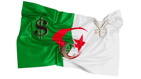 The Algerian flag is seamlessly blended with key global currency symbols, underscoring Algeria financial aspirations