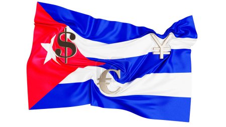 Cuba flag graced with global currency symbols, portraying the island nation's economic ambitions and global ties