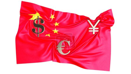 Die Flagge Chinas wird mit internationalen Währungssymbolen präsentiert, die den erheblichen wirtschaftlichen Einfluss der Nation widerspiegeln.