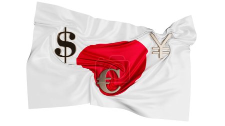 Una representación creativa de la bandera japonesa con símbolos de moneda clave, que representa el papel influyente de Japón en las finanzas globales