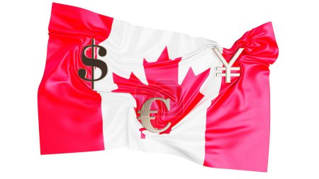 The Canadian flag, beautifully textured, paired with symbols of international currency, depicts economic connectivity