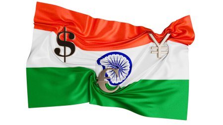 Téléchargez les photos : Le drapeau indien est élégamment imprégné de symboles monétaires, ce qui représente l'importance économique croissante de l'Inde sur la scène mondiale - en image libre de droit