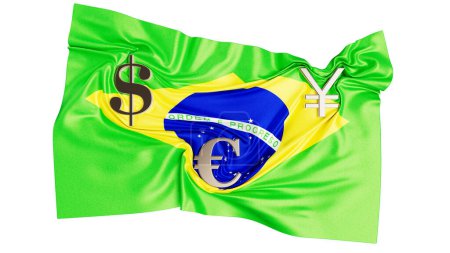 Seidene brasilianische Flagge mit Dollar-, Euro- und Yen-Symbolen, die Brasiliens globale wirtschaftliche Integration und Stärke symbolisieren