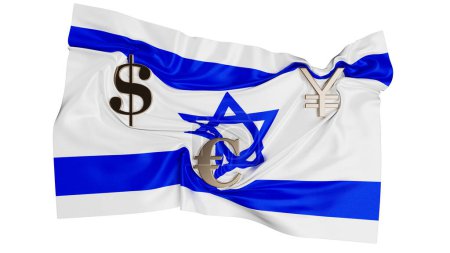 Téléchargez les photos : Affichage artistique du drapeau israélien avec les principaux symboles monétaires, symbolisant l'engagement d'Israël dans la dynamique économique mondiale - en image libre de droit
