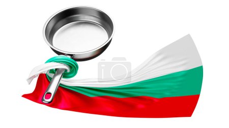 Die bulgarische Flagge in kräftigen Grün-, Weiß- und Rottönen umhüllt eine moderne Pfanne, die nationale Kochkunst widerspiegelt.