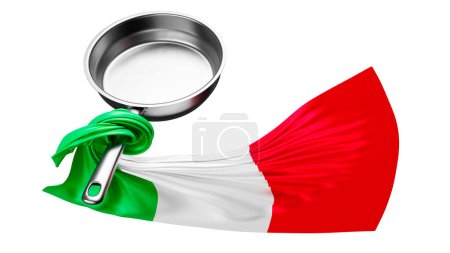 The richness of Italian cuisine reflected in a shiny pan, swathed in the spirited tricolor of the Italian flag.