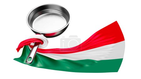 Als Symbol für Ungarns kulinarische Lebensfreude sticht vor dunklem Hintergrund eine reflektierende Pfanne hervor, die in die Nationalflagge gehüllt ist..